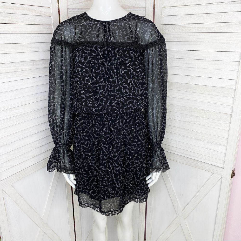 Ella Moon Sera Sheer Floral Smocked Waist Dress Ruffle Sleeve‎ Black Large